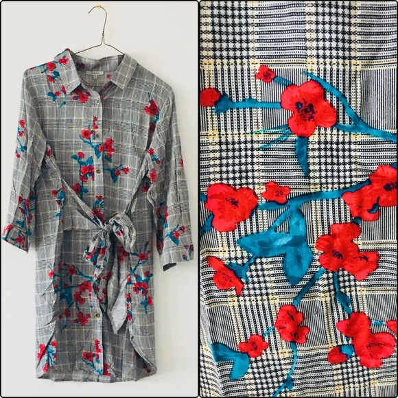 Plaid and Floral Tie Waist Button Down Tunic Top - Picture 2 of 7